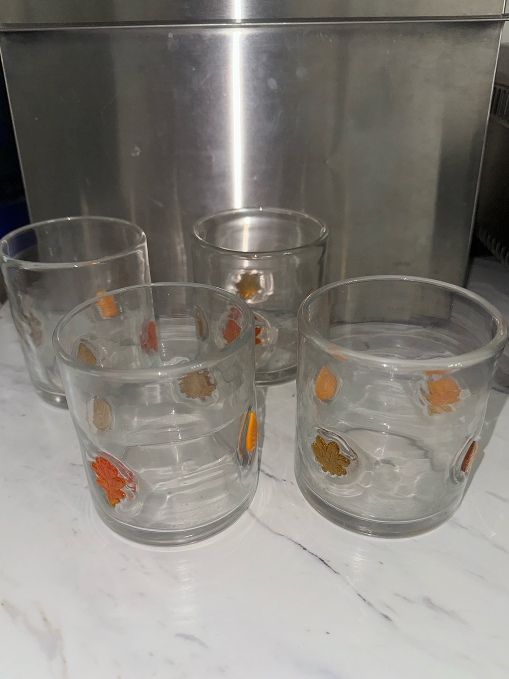 Set of 4 Juice Glasses Orange & Gold Leaf Motif Retro Barware